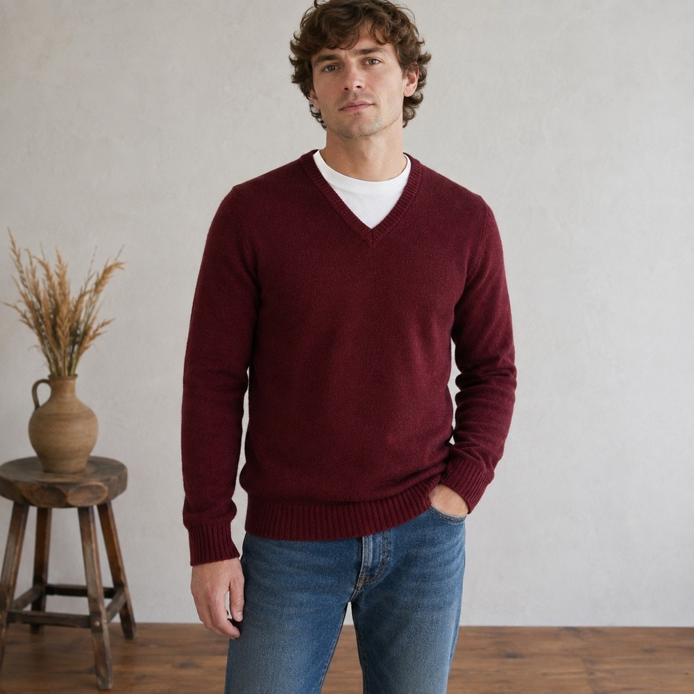 Mens Vintage Lambswool V-Neck Sweater Size M Burgundy Preppy Academia Heritage